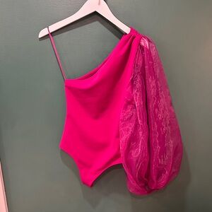 Express Fuchsia One-Shoulder Bodysuit with Sheer Puff Sleeve